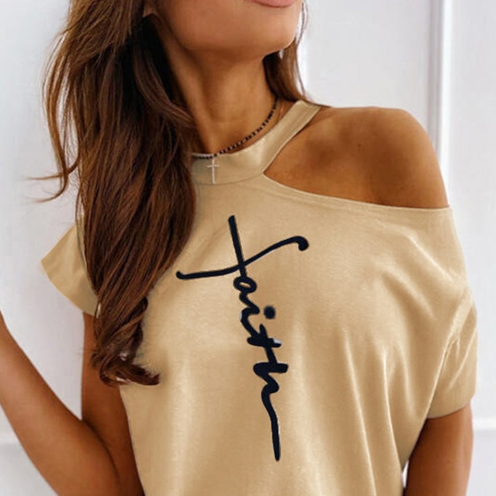 Tan Faith Cold Shoulder Short Sleeve T-Shirt Tee T Shirt TP4161